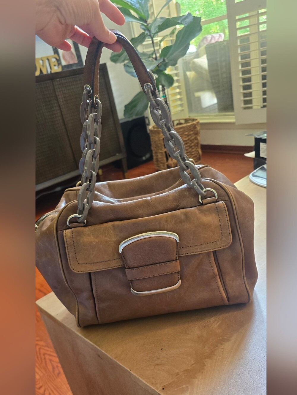 Banana Republic Brown Leather Shoulder Bag with Chain Strap.